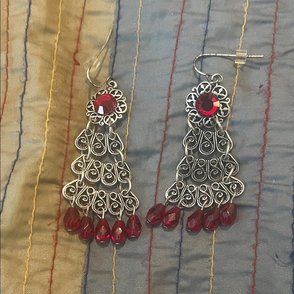 Elegant Silver and Red Dangle Earrings